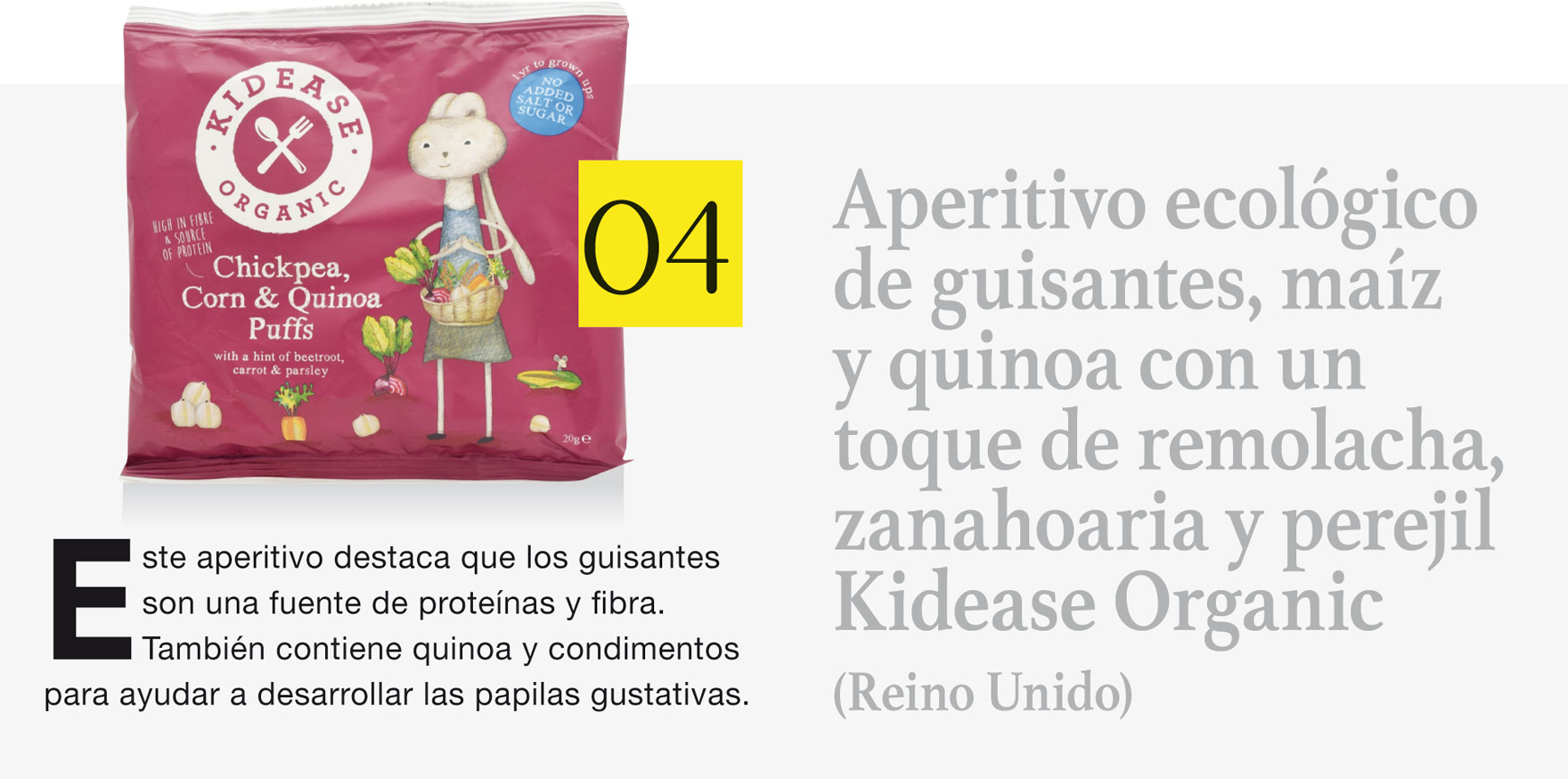 Aperitivo ecológico de guisantes, maíz y quinoa con una toque de remolacha, zanahoria y perejil Idease Organic