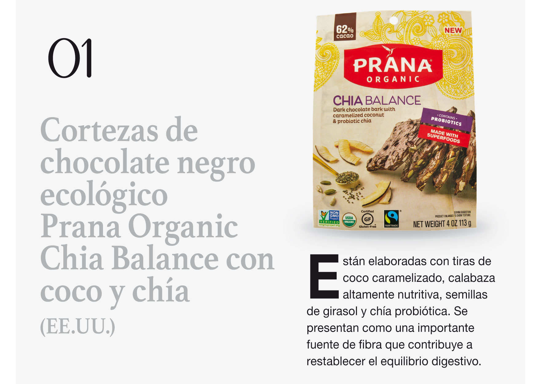 Cortezas de chocolate negro ecológico Prana Organic Chia Balance con coco y chía (EE.UU.)