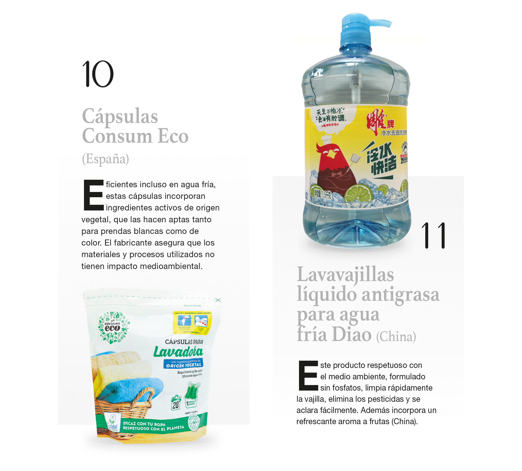 Cápsulas Consum Eco (España) / Lavavajillas líquido antigrasa para agua fría Diao (China)