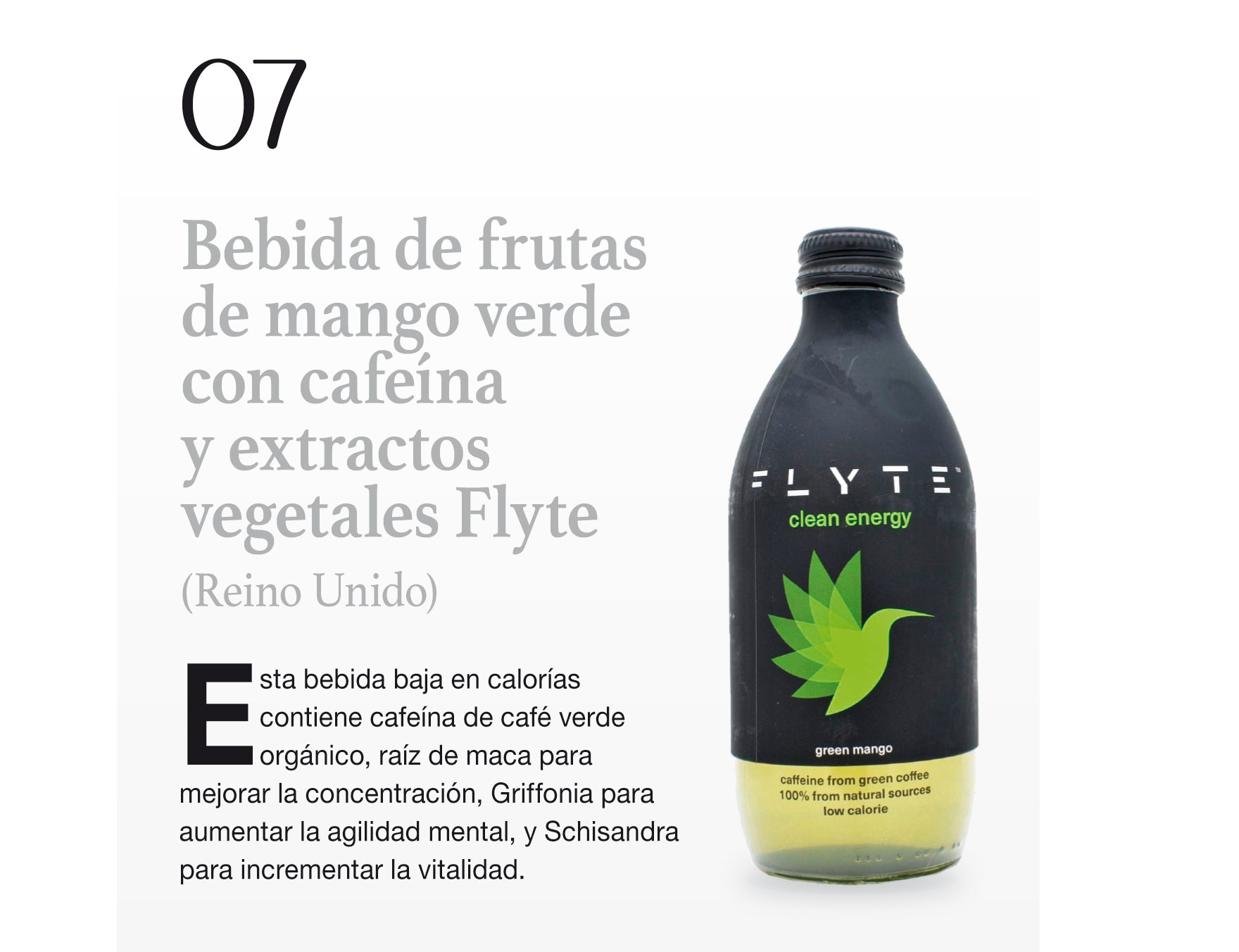 Bebida de frutas de mango verde con cafeína y extractos vegetales Flyte (Reino Unido)