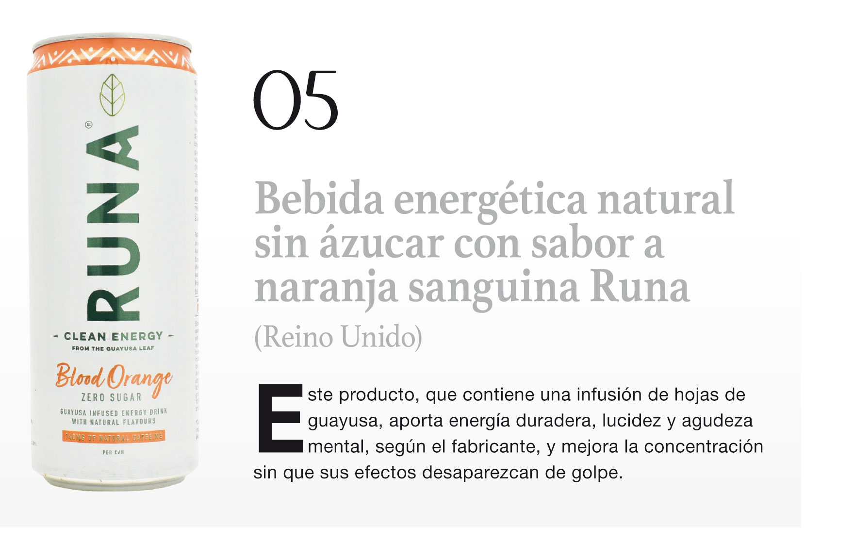 Bebida energética natural sin ázucar con sabor a naranja sanguina Runa (Reino Unido)